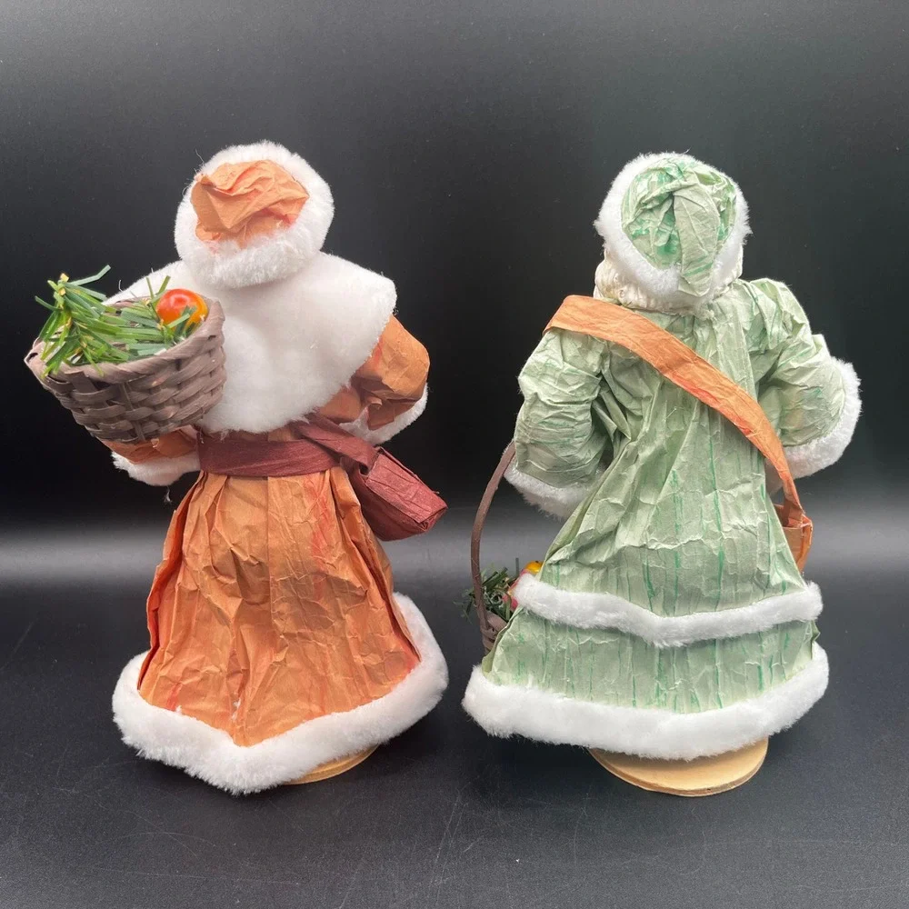 Paper Mache Santa Claus Figurines Set of 2 Hard Plastic Face Hands 8